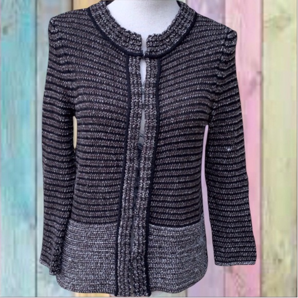 LOFT Sweaters - Ann Taylor Loft Gray Stripe Cardigan Style Eye-hook Closure Sweater NWOT